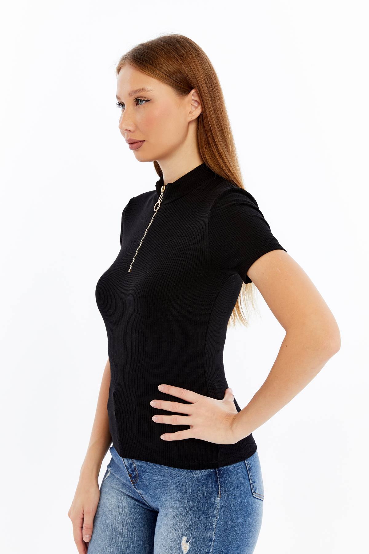 Kadın Kısa Kollu Yarım Fermuarlı Slim Fit Tshirt - siyah1