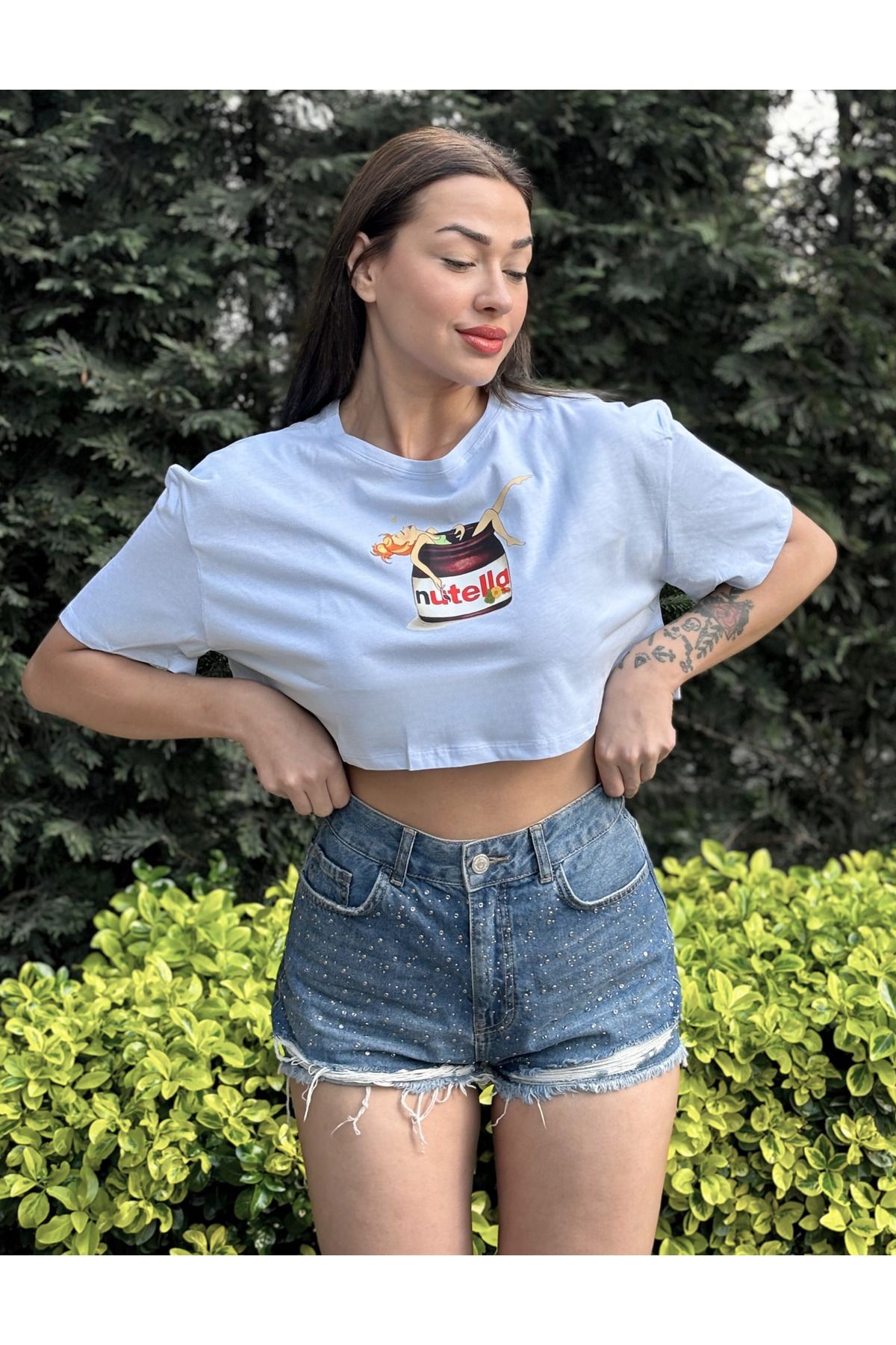 Kadın Lila Bisiklet Yaka Baskılı Oversize Crop T-shirt - mavi