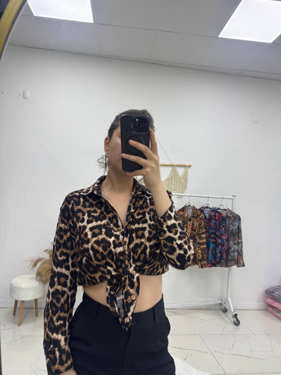 Leopar Desen Uzun Kollu Gömlek