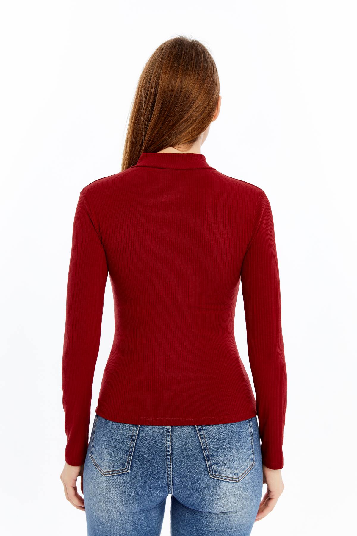 Kadın Uzun Kollu Yarım Fermuarlı Slim Fit Tshirt - kırmızı1