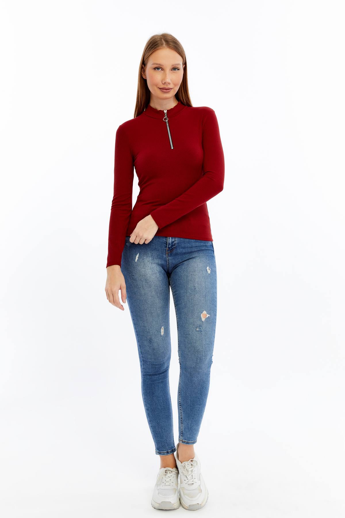 Kadın Uzun Kollu Yarım Fermuarlı Slim Fit Tshirt - kırmızı1