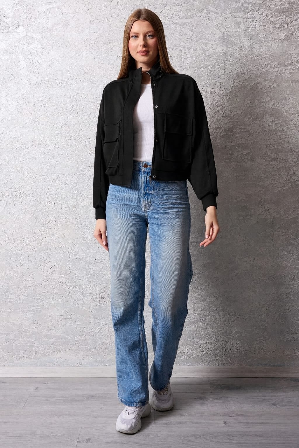 Kadın Fermuarlı Dik Yaka Rahat Kesim Ceket - siyah