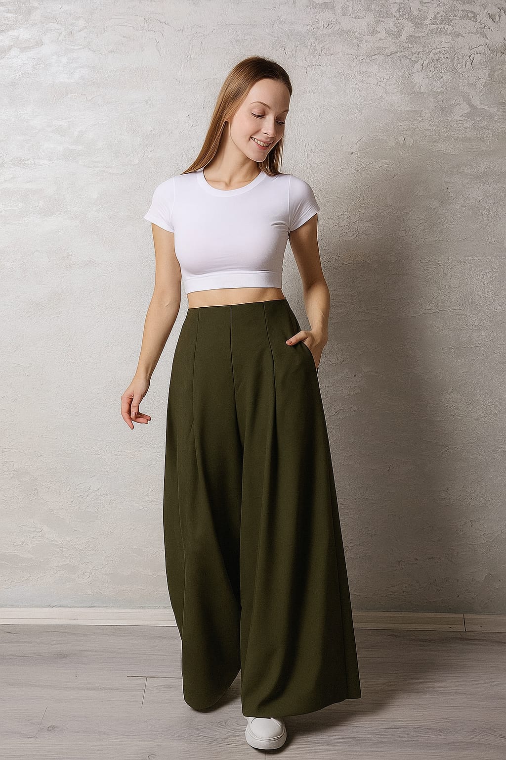 Kadın Pileli Gizli Cepli Palazzo Pantolon - Haki