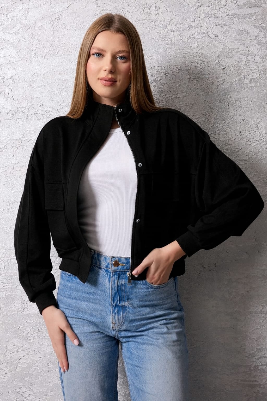Kadın Fermuarlı Dik Yaka Rahat Kesim Ceket - siyah