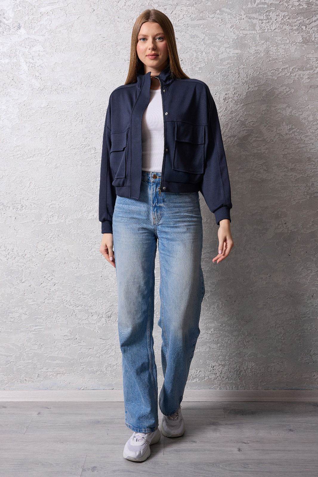 Kadın Fermuarlı Dik Yaka Rahat Kesim Ceket - antrasit