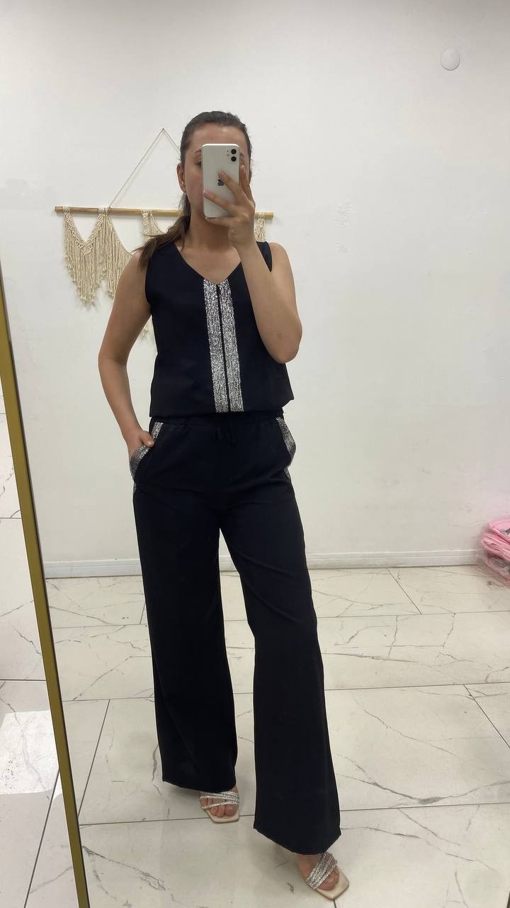 Kadın Pullu V Yaka Bluz Bol Paça Pantolon - siyah