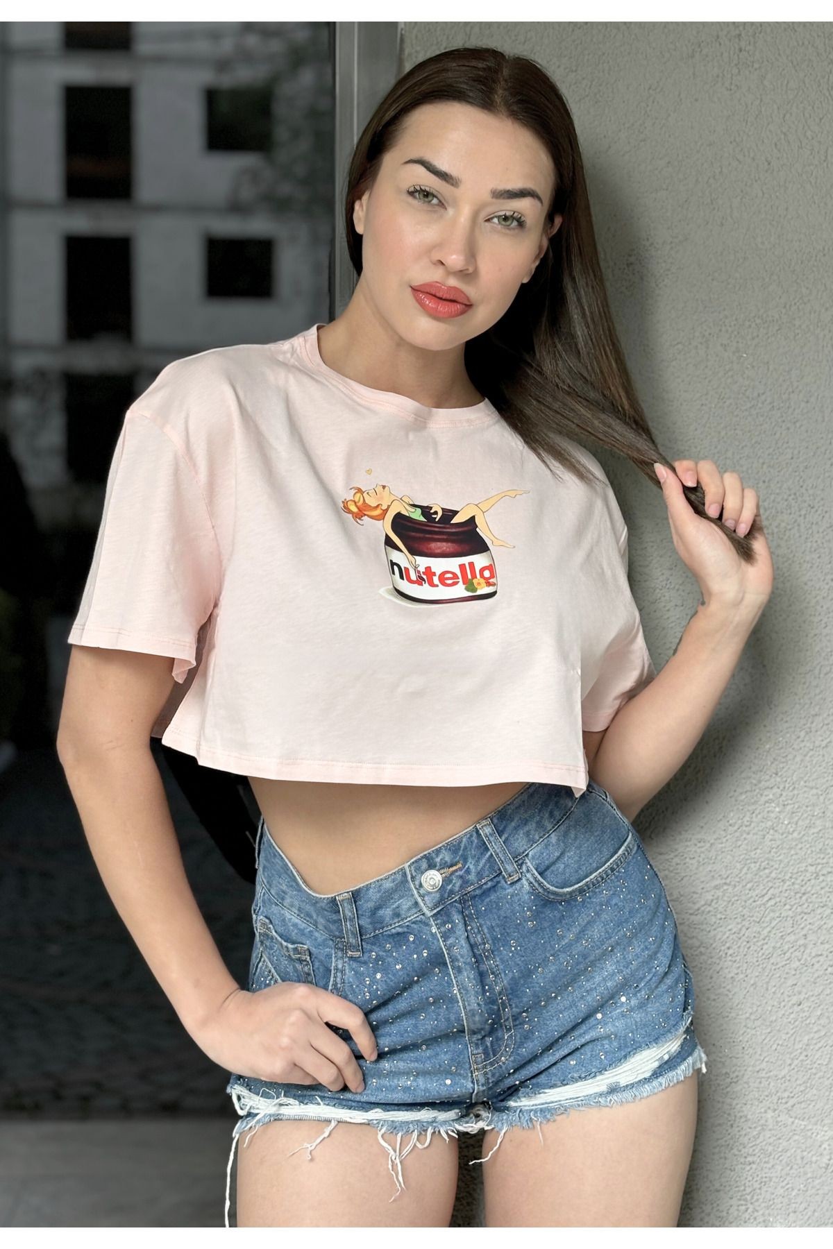 Kadın Lila Bisiklet Yaka Baskılı Oversize Crop T-shirt - pembe