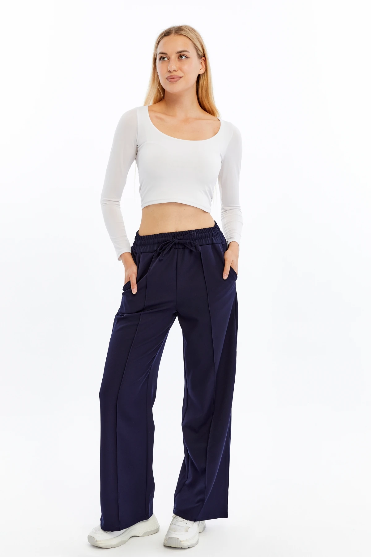 Kadın Beli Lastikli Cepli Palazzo Pantolon - Lacivert