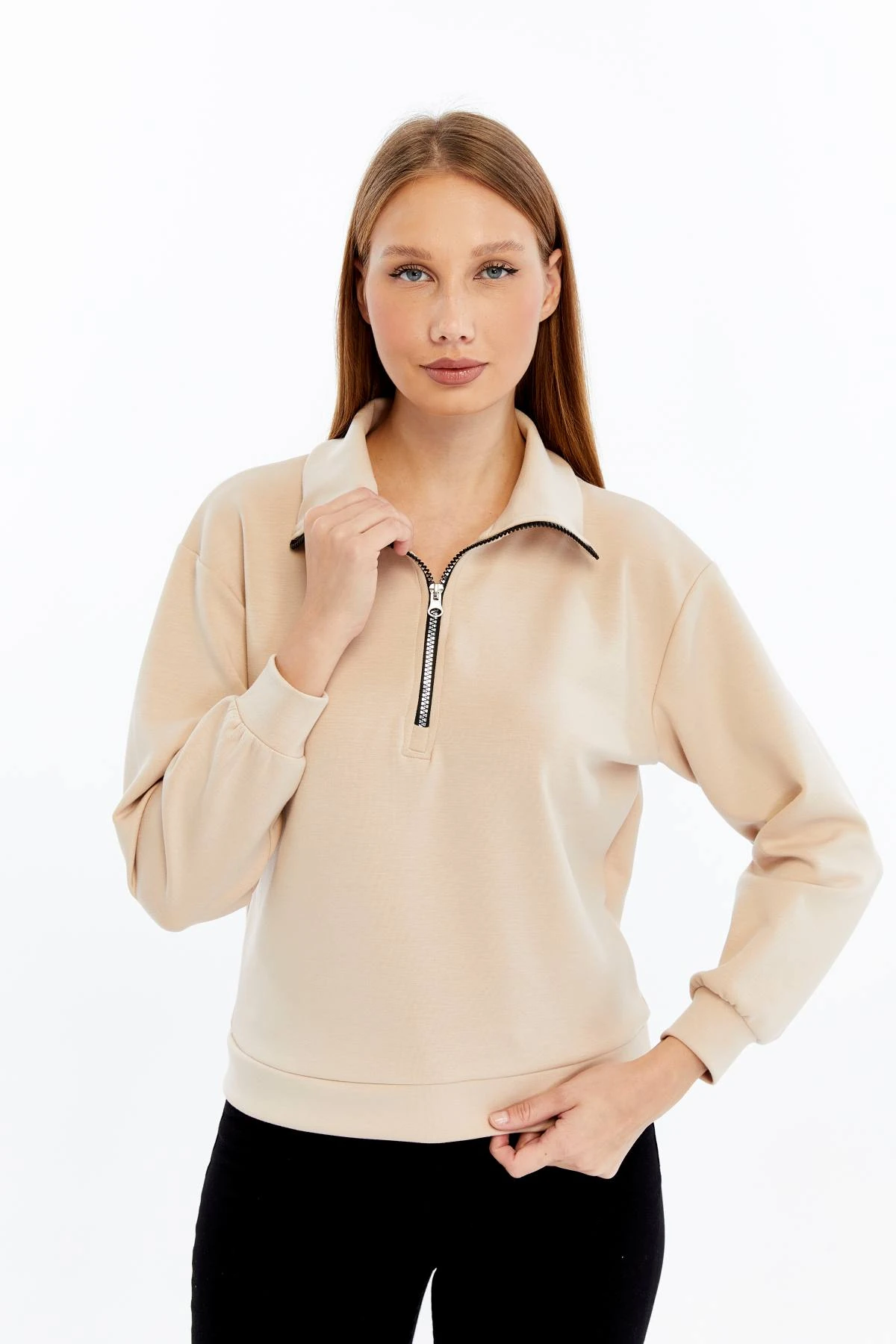 Kadın Sweatshirt Fermuarlı Dik Yaka