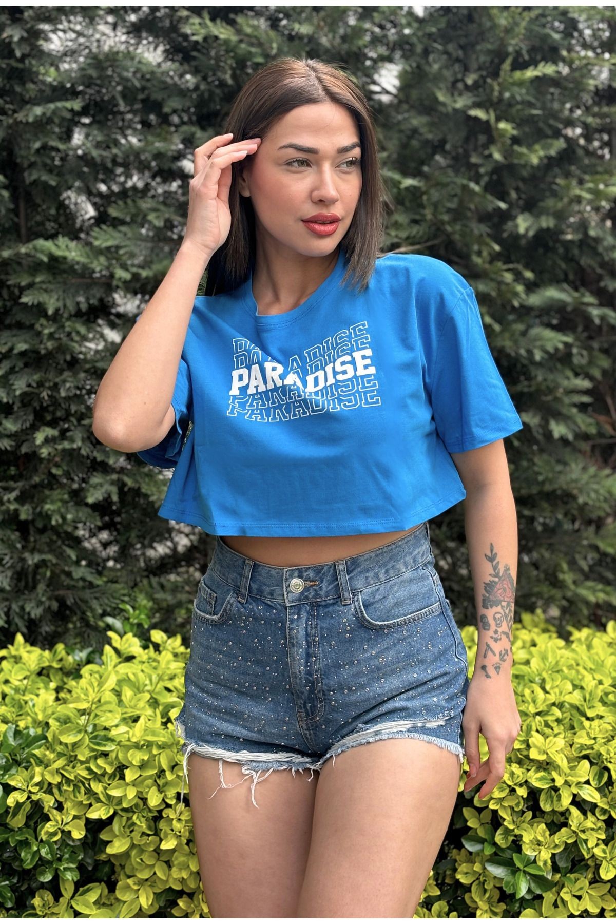Kadın Antrasit Bisiklet Yaka Baskılı Oversize Crop T-shirt - saks mavi