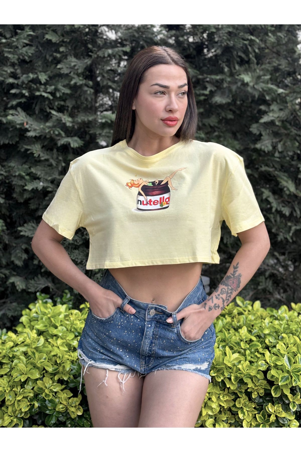 Kadın Lila Bisiklet Yaka Baskılı Oversize Crop T-shirt - Sarı