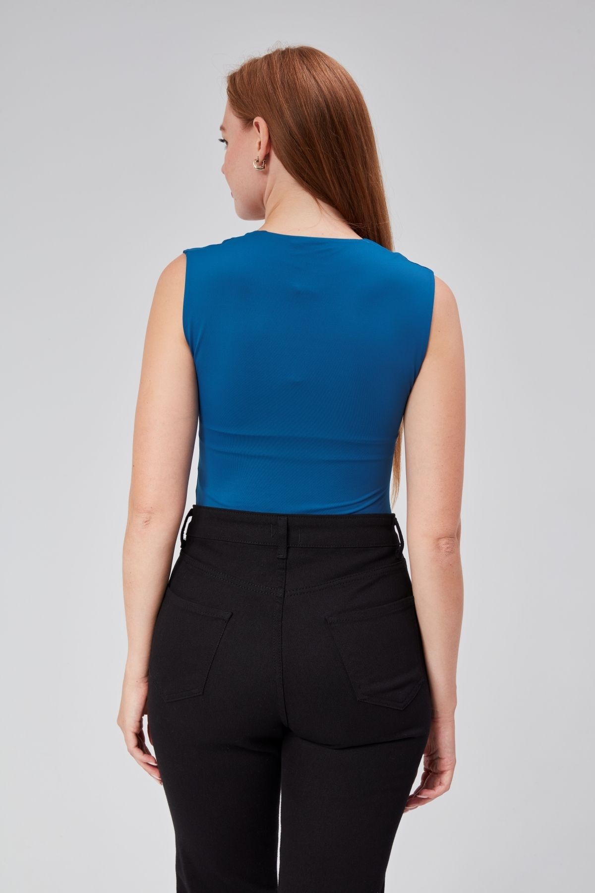Astarlı Sıfır Kol Kare Yaka Dekolteli Çıtçıtlı Bodysuit - Petrol Mavi