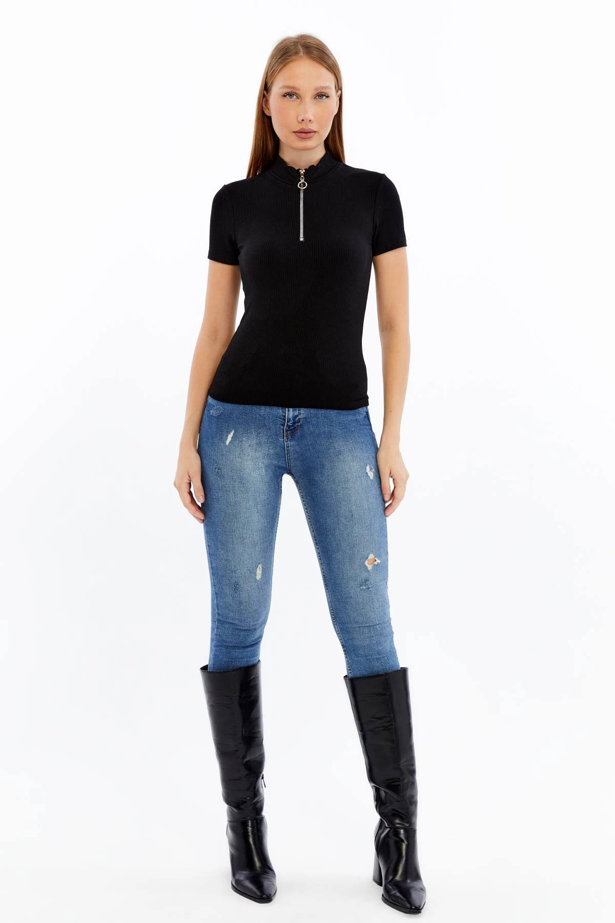 Kadın Kısa Kollu Yarım Fermuarlı Slim Fit Tshirt - siyah1