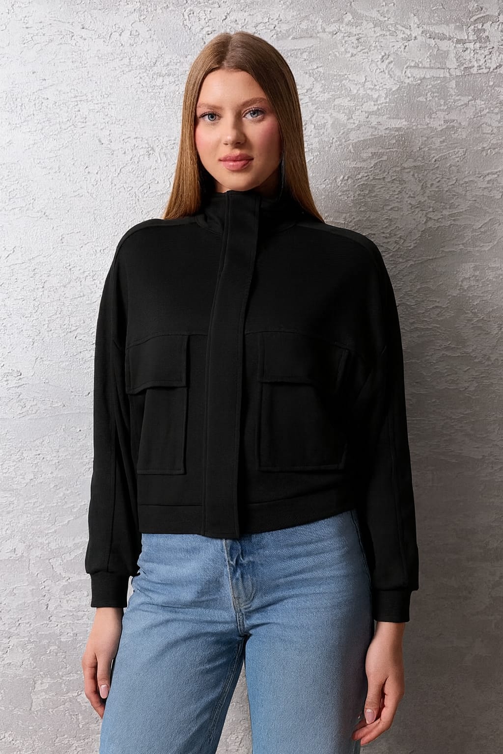 Kadın Fermuarlı Dik Yaka Rahat Kesim Ceket - siyah