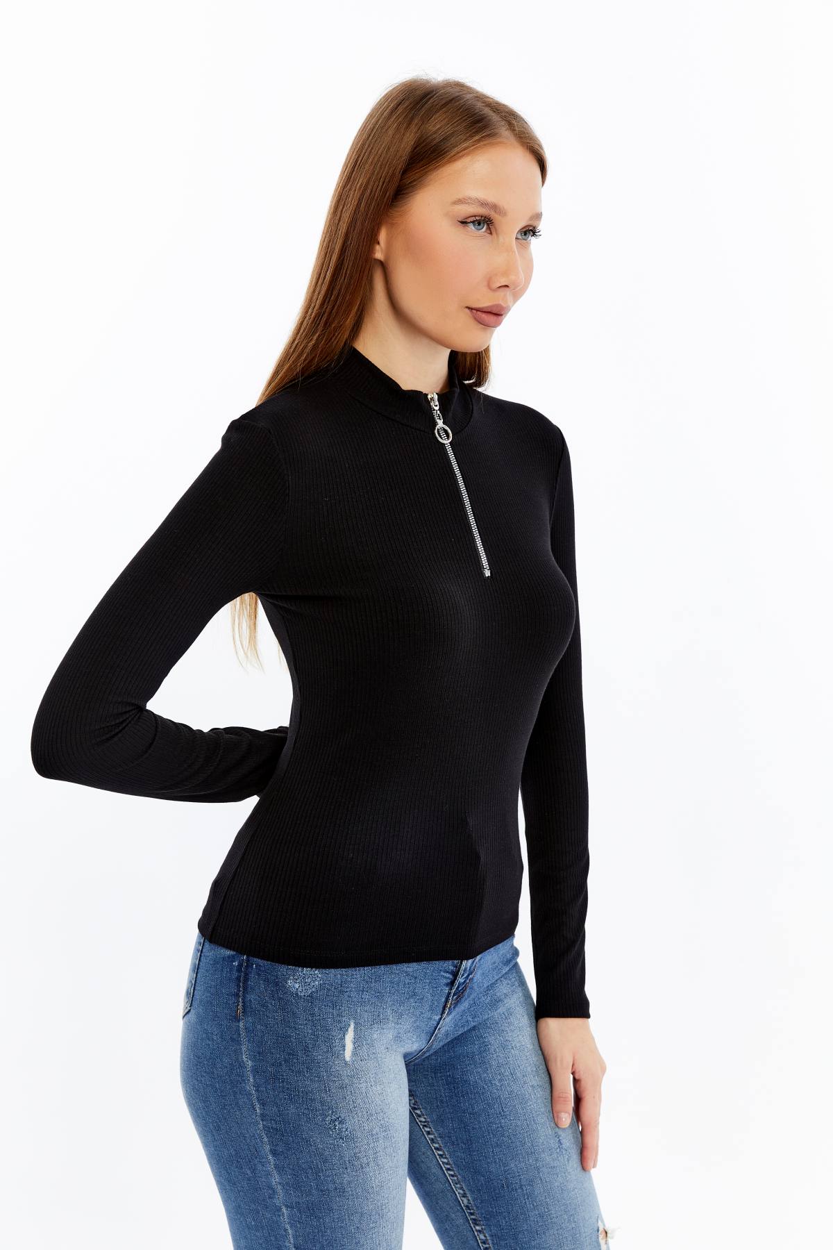 Kadın Uzun Kollu Yarım Fermuarlı Slim Fit Tshirt - siyah1