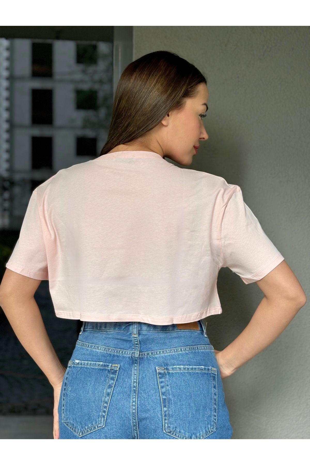 Kadın Lila Bisiklet Yaka Baskılı Oversize Crop T-shirt - pembe