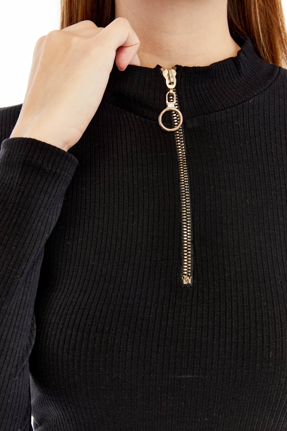 Kadın Uzun Kollu Yarım Fermuarlı Slim Fit Tshirt - siyah