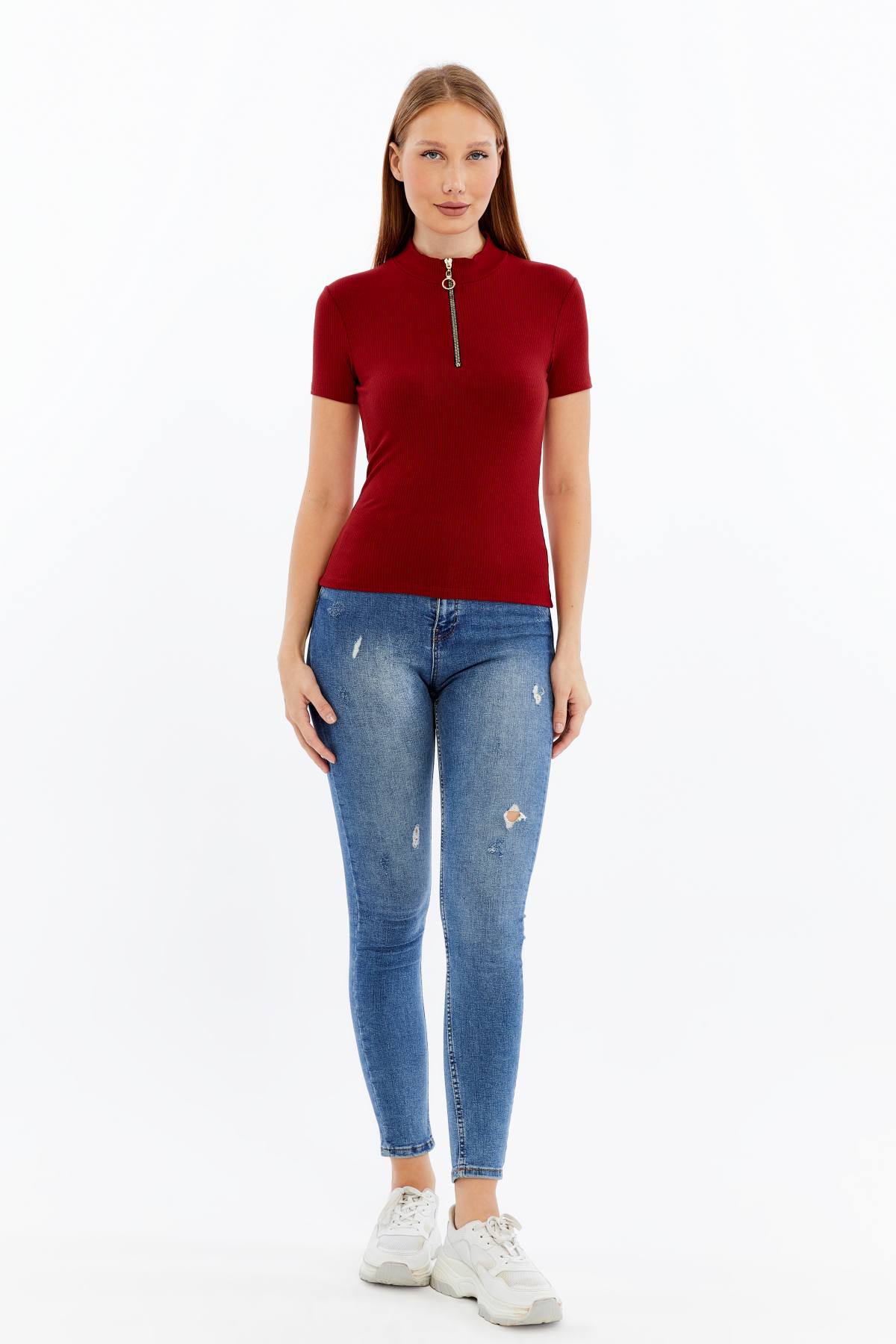 Kadın Kısa Kollu Yarım Fermuarlı Slim Fit Tshirt - Kırmızı