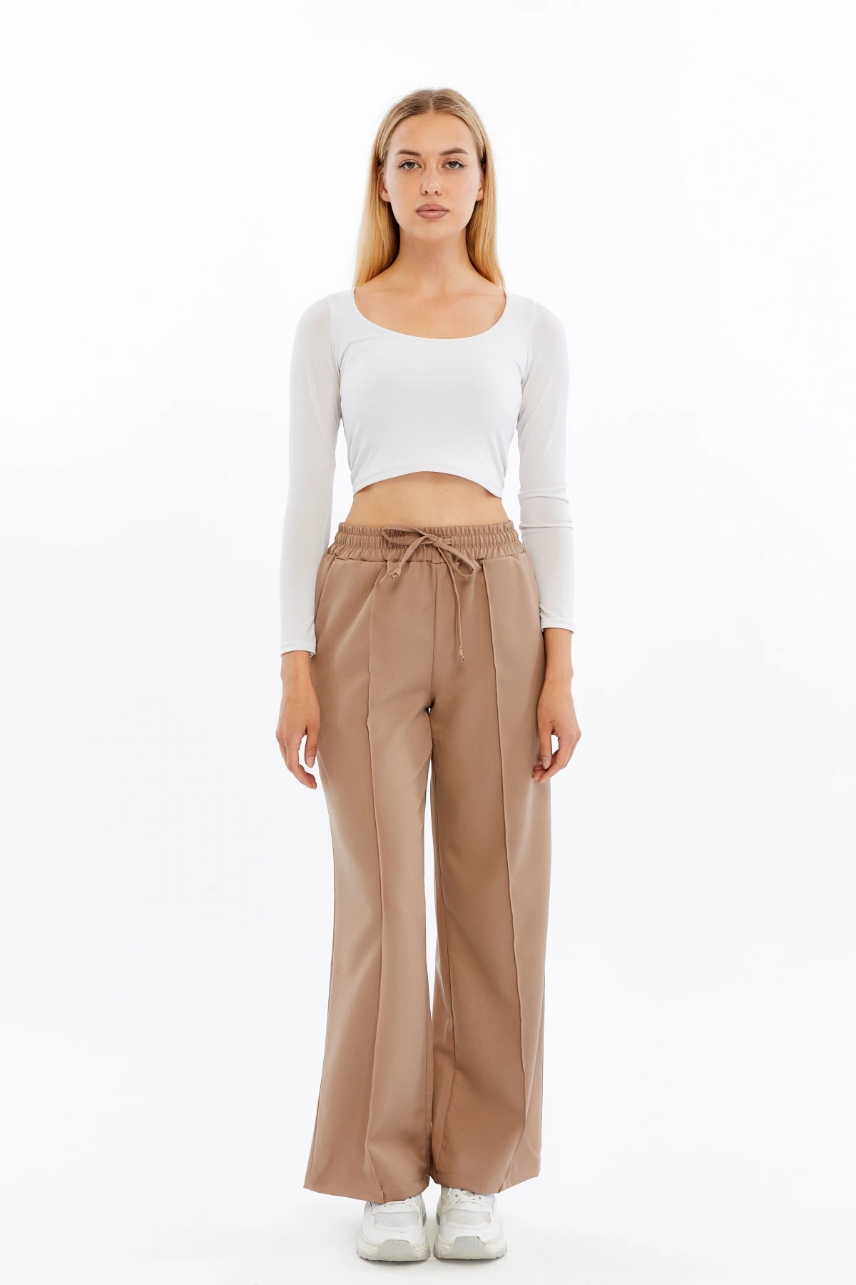 Kadın Beli Lastikli Cepli Palazzo Pantolon - Bej