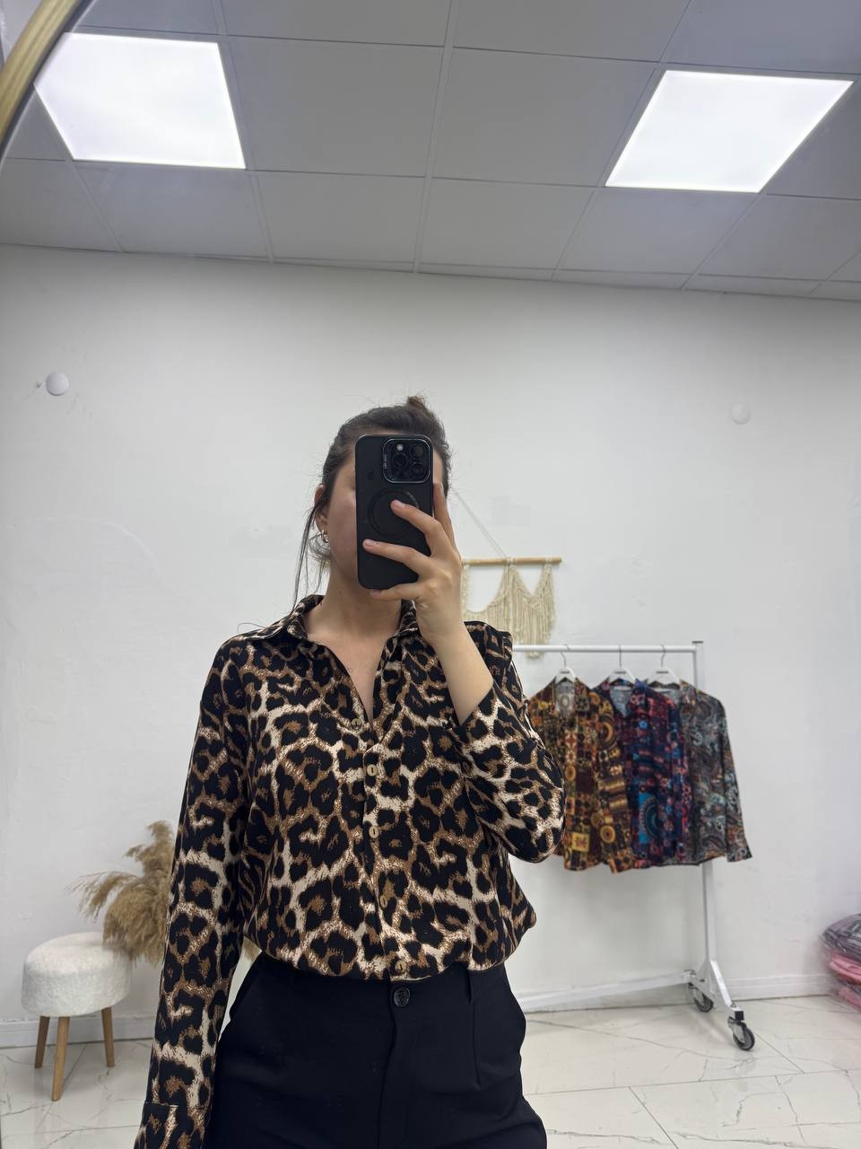 Leopar Desen Uzun Kollu Gömlek