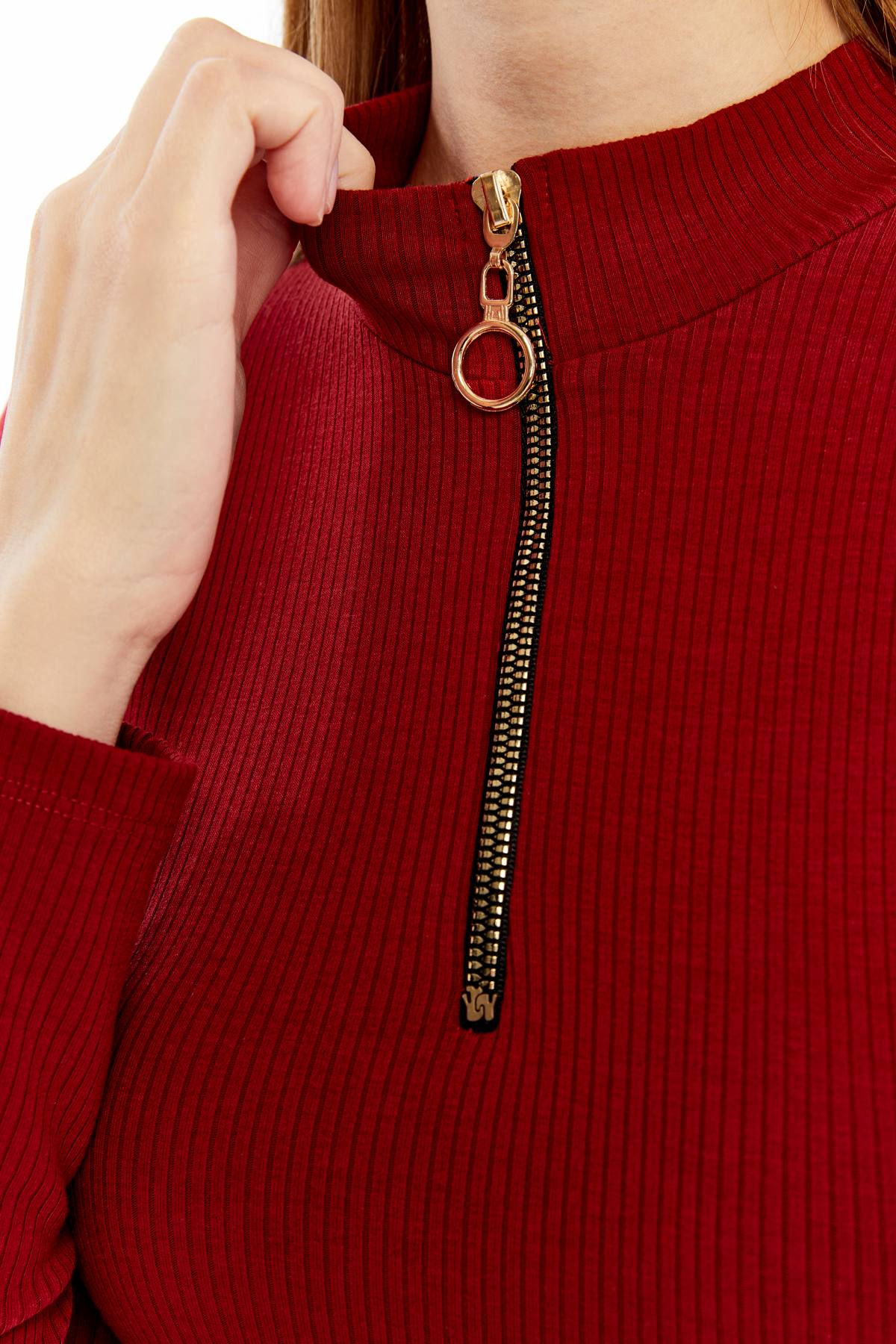 Kadın Uzun Kollu Yarım Fermuarlı Slim Fit Tshirt - Kırmızı