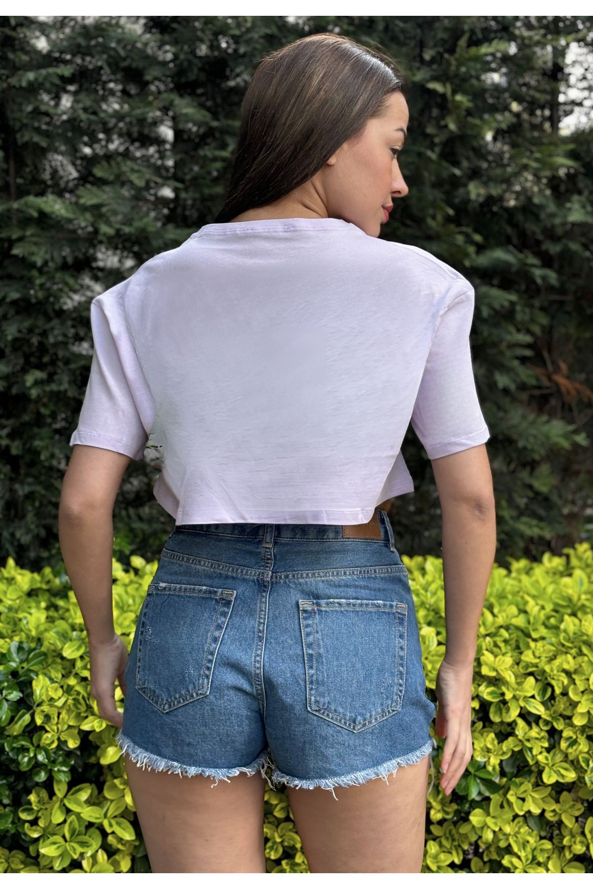 Kadın Lila Bisiklet Yaka Baskılı Oversize Crop T-shirt