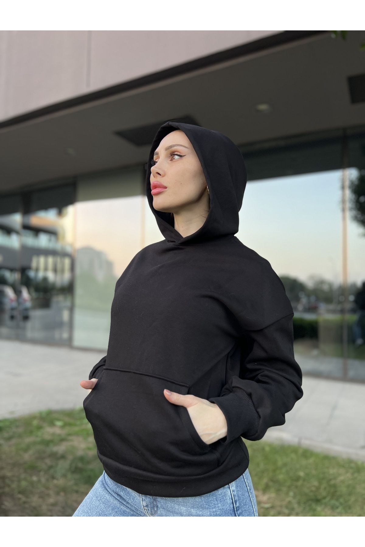 Kapüşonlu Içi Polarlı Unisex Hoodie Kadın Erkek Pamuklu Basic Kapüşonlu Sweatshirt Rahat Kalıp