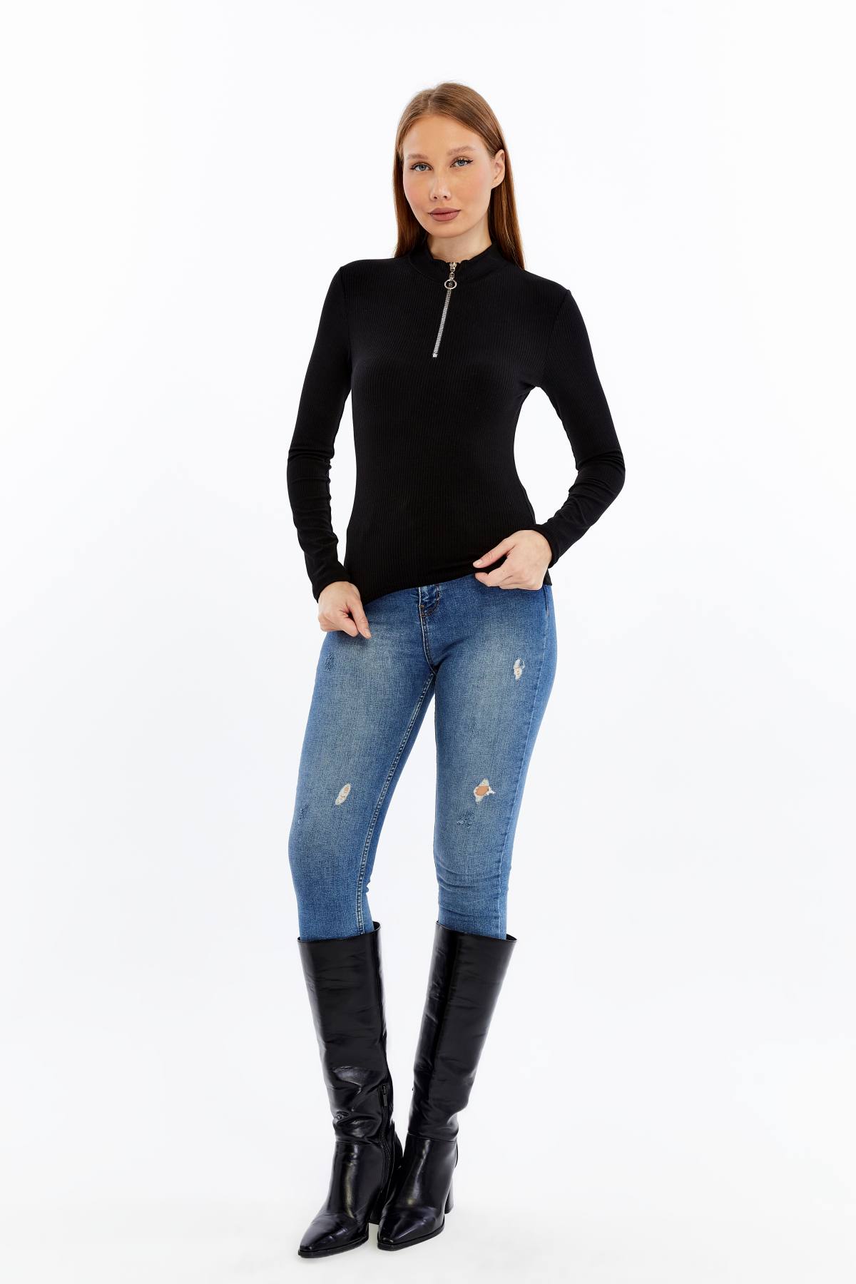 Kadın Uzun Kollu Yarım Fermuarlı Slim Fit Tshirt - siyah1