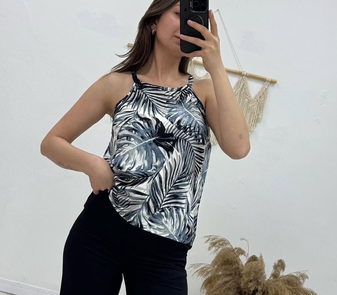 Kadın Etnik Desen Halter Yaka Bluz