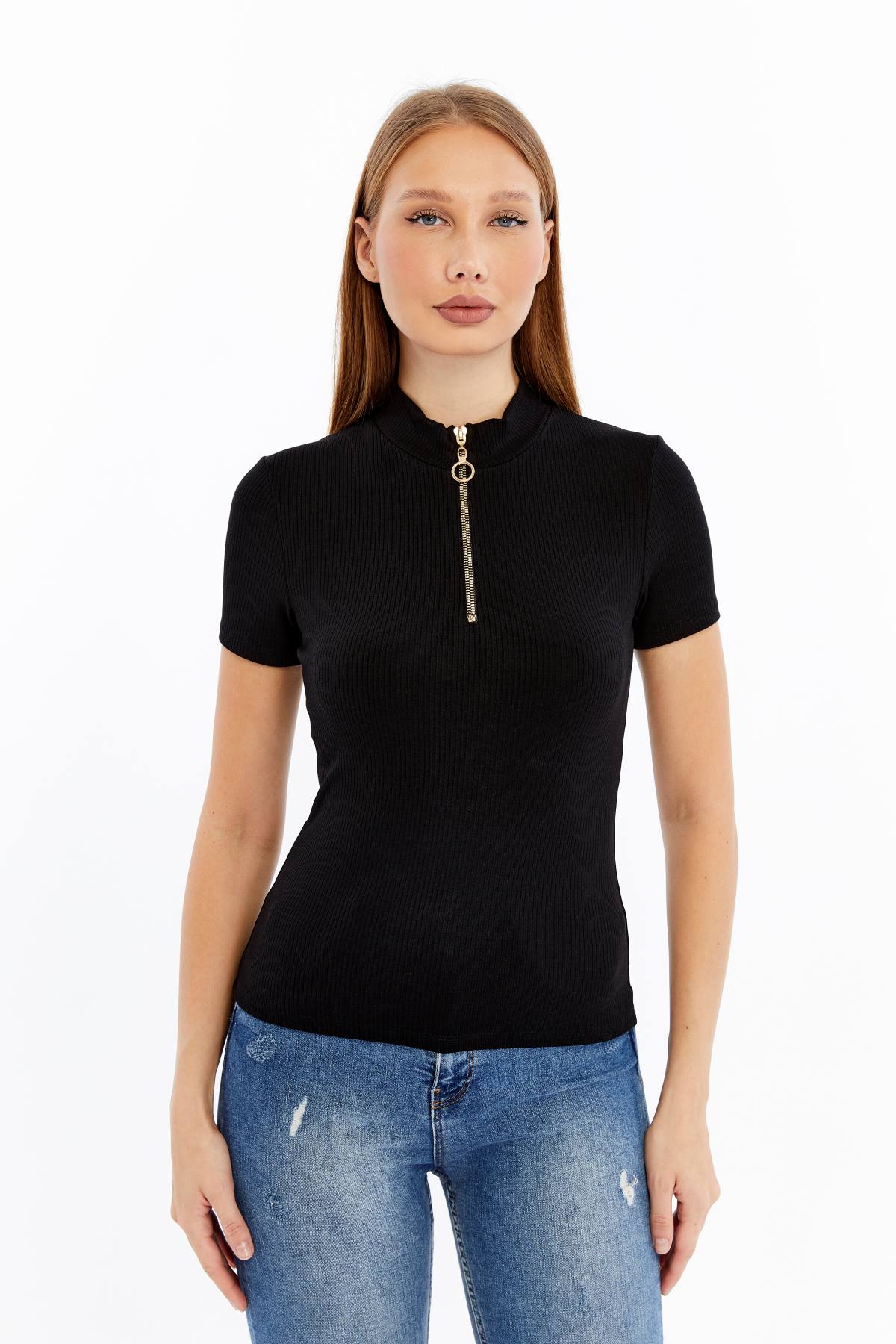 Kadın Kısa Kollu Yarım Fermuarlı Slim Fit Tshirt - siyah