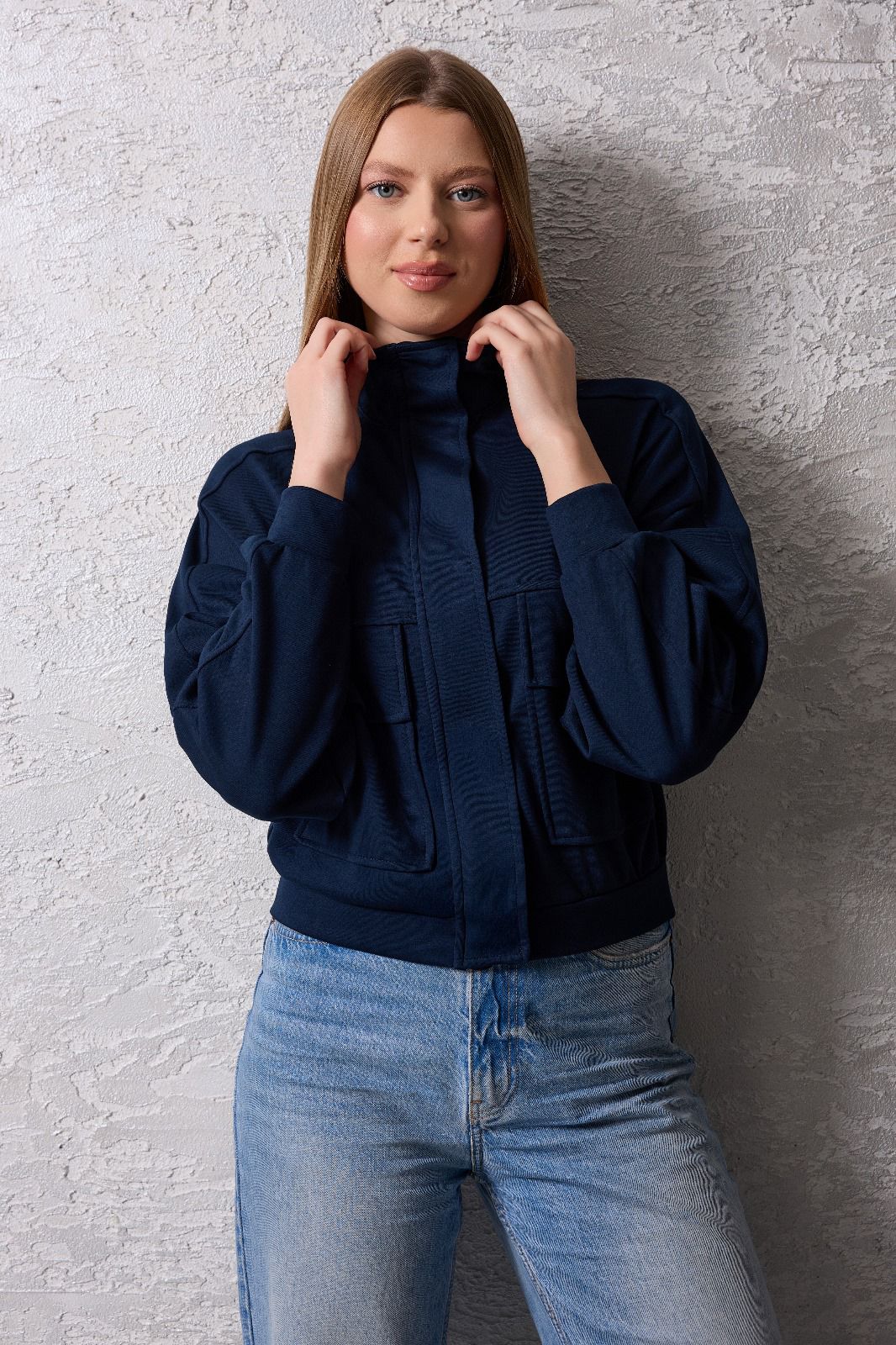 Kadın Fermuarlı Dik Yaka Rahat Kesim Ceket - Lacivert