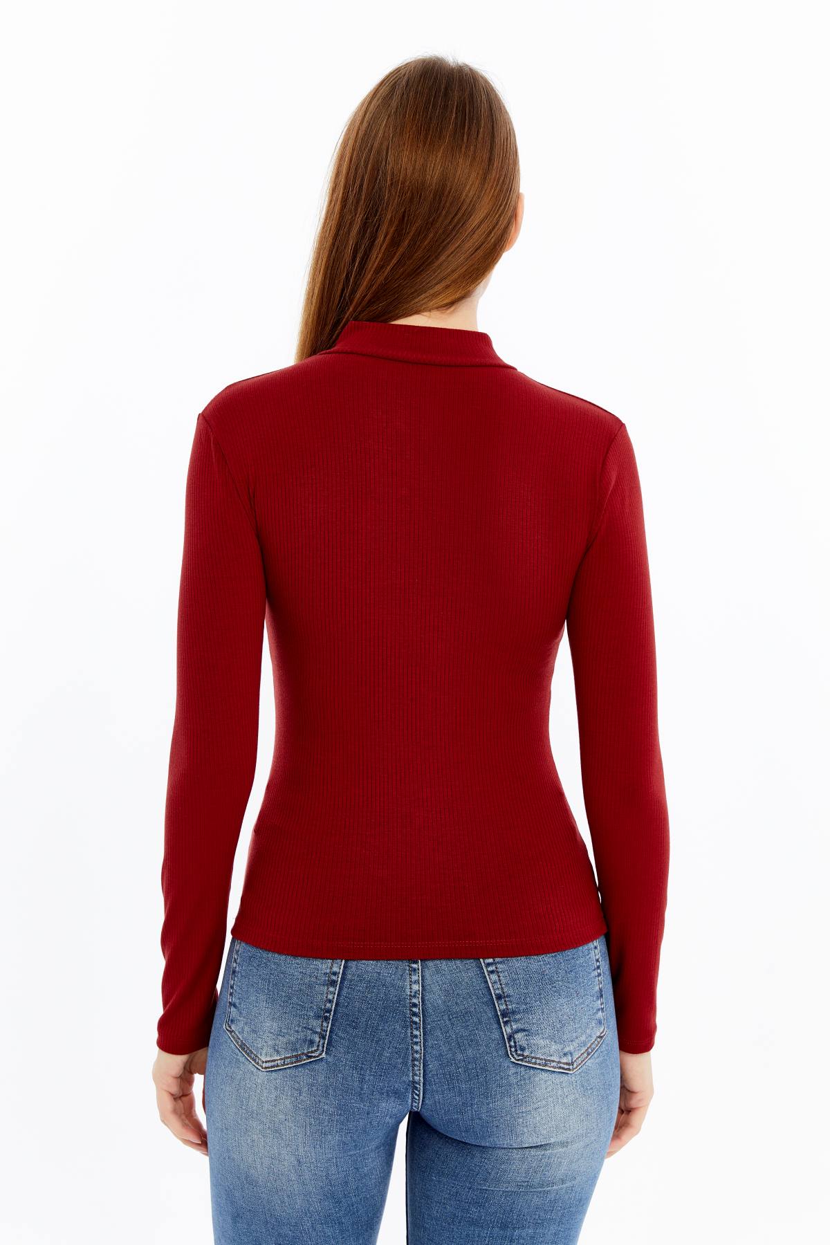 Kadın Uzun Kollu Yarım Fermuarlı Slim Fit Tshirt - Kırmızı