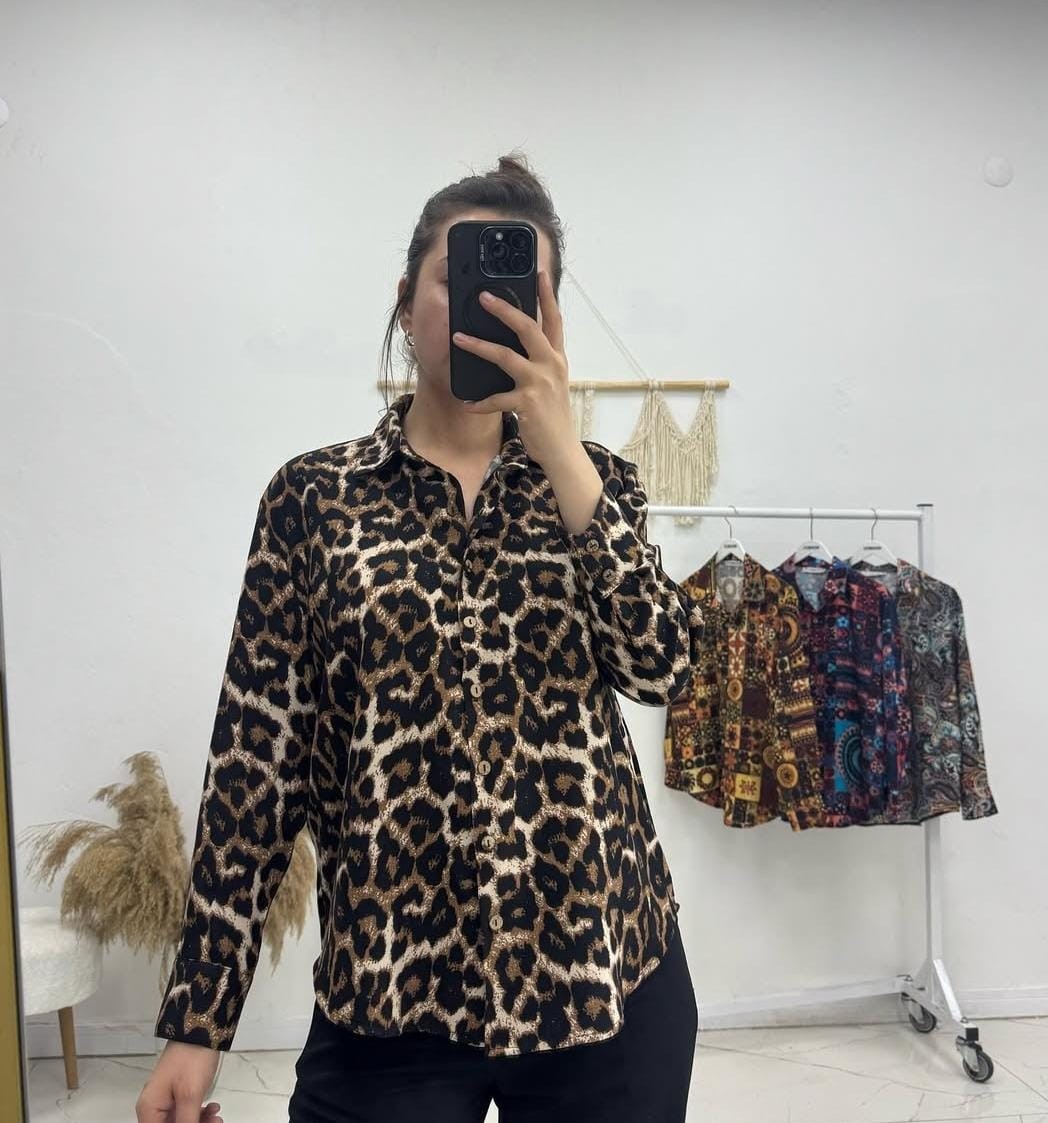 Leopar Desen Uzun Kollu Gömlek