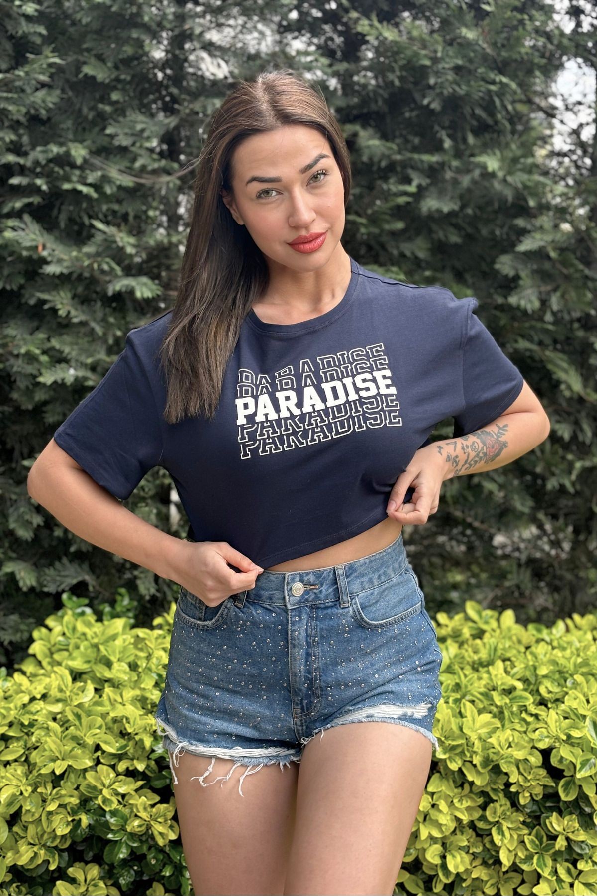 Kadın Antrasit Bisiklet Yaka Baskılı Oversize Crop T-shirt - Lacivert