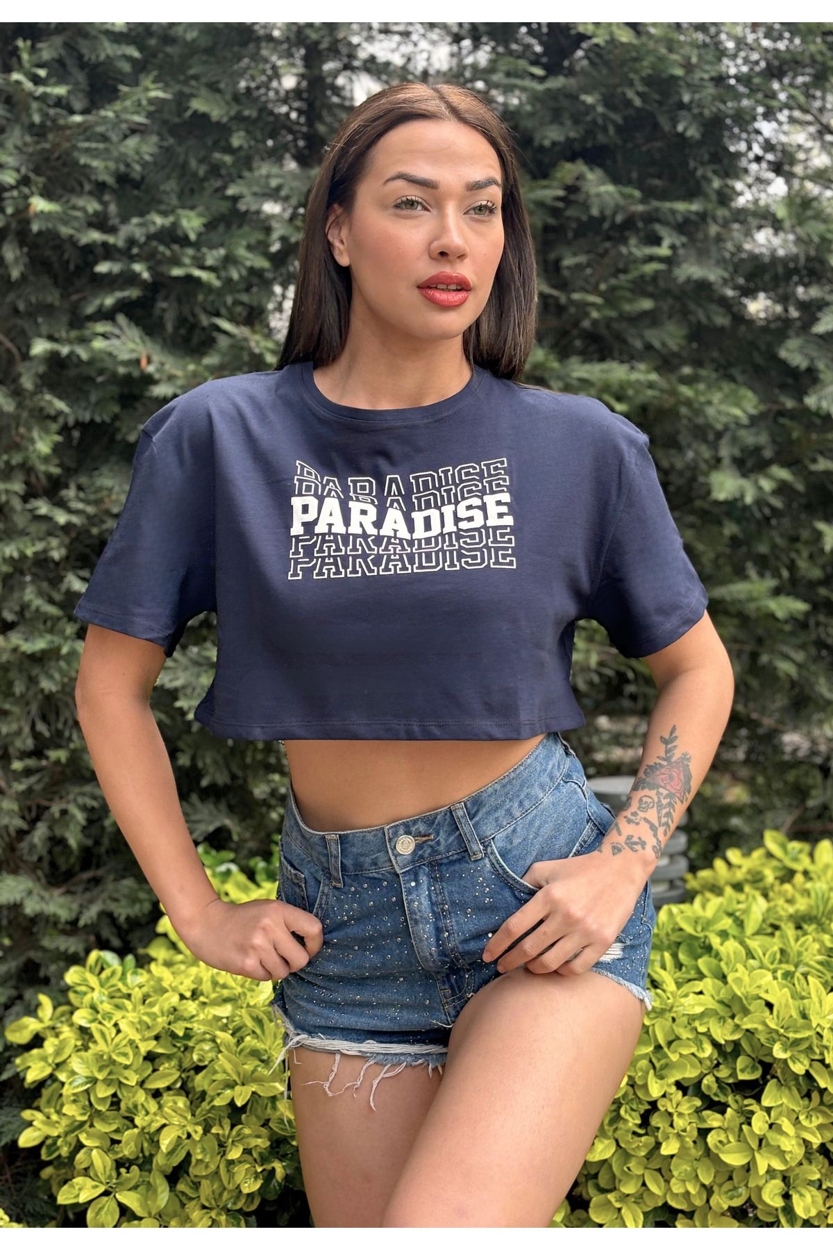 Kadın Antrasit Bisiklet Yaka Baskılı Oversize Crop T-shirt - Lacivert
