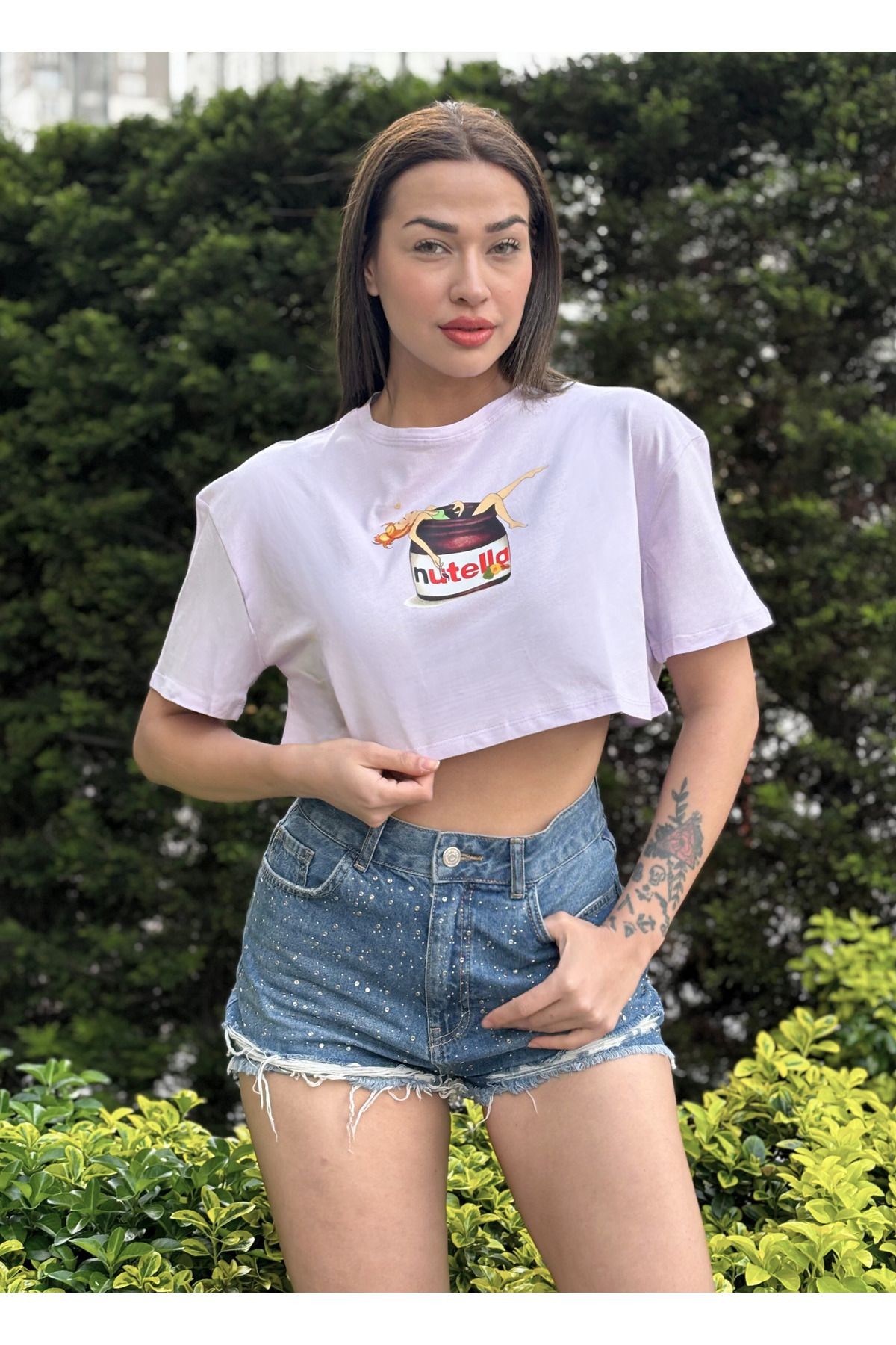 Kadın Lila Bisiklet Yaka Baskılı Oversize Crop T-shirt