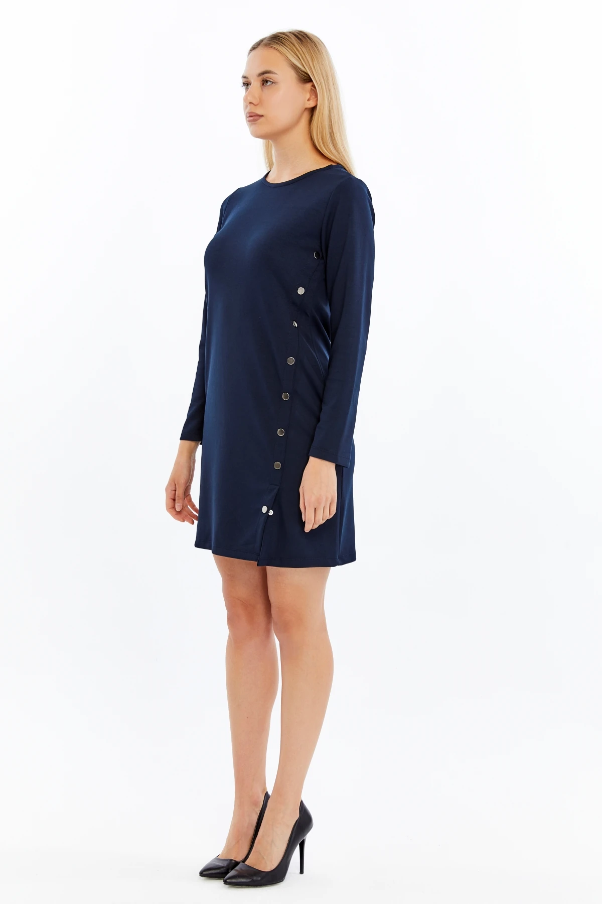 Kadın Uzun Kollu Elbise Modal Kumaş Likralı Düğme Detaylı