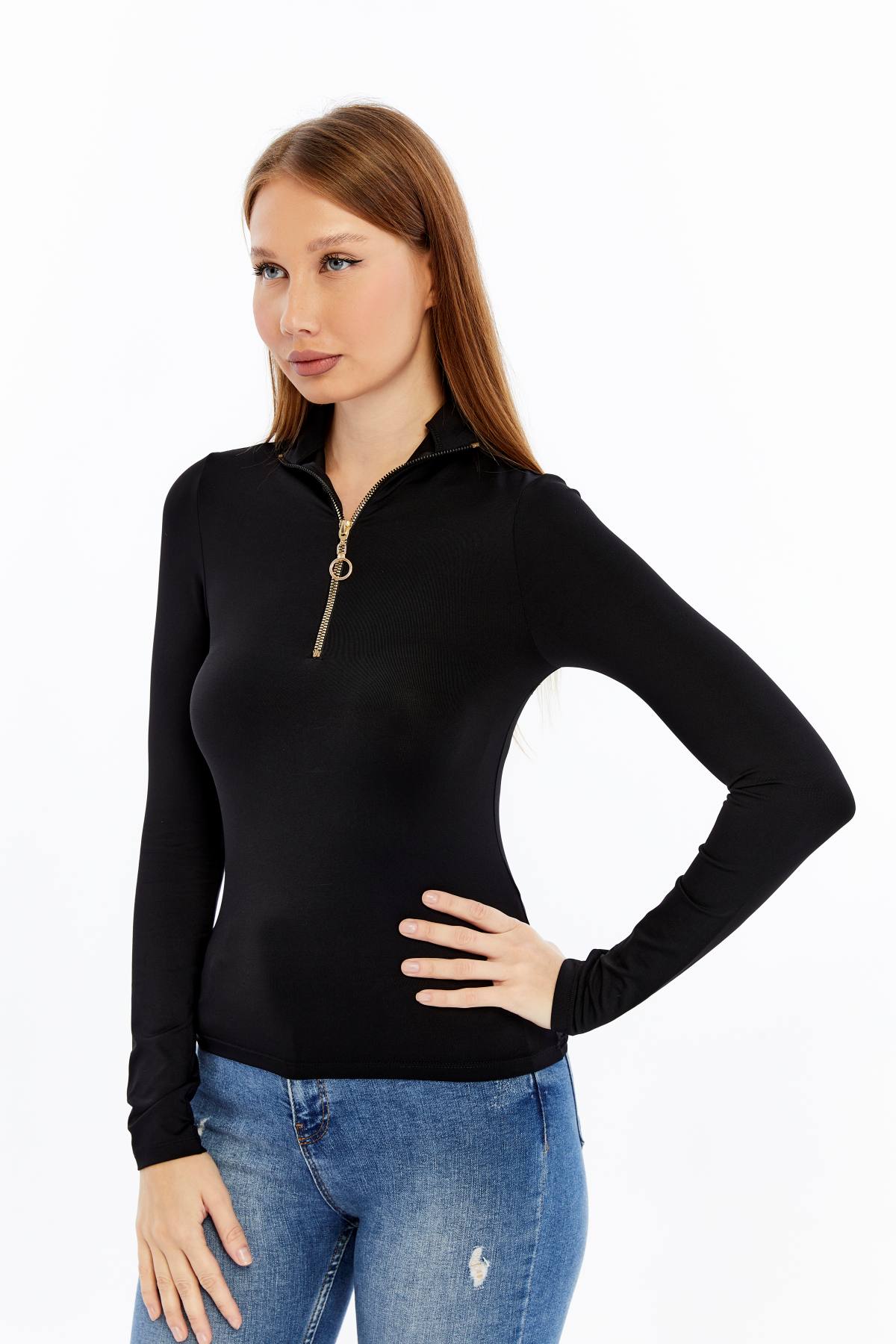 Fermuarlı Bluz Uzun Kollu T-shirt - gold