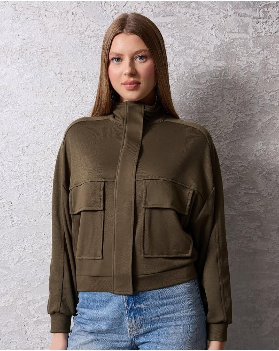 Kadın Fermuarlı Dik Yaka Rahat Kesim Ceket - Haki