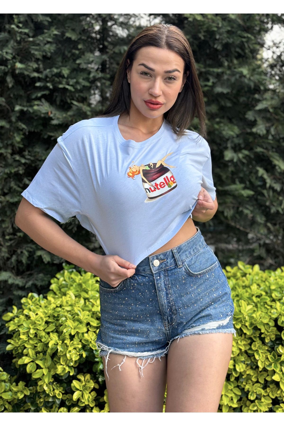 Kadın Lila Bisiklet Yaka Baskılı Oversize Crop T-shirt - mavi