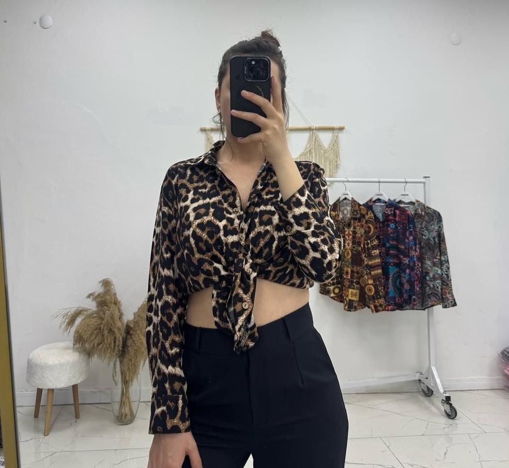 Leopar Desen Uzun Kollu Gömlek