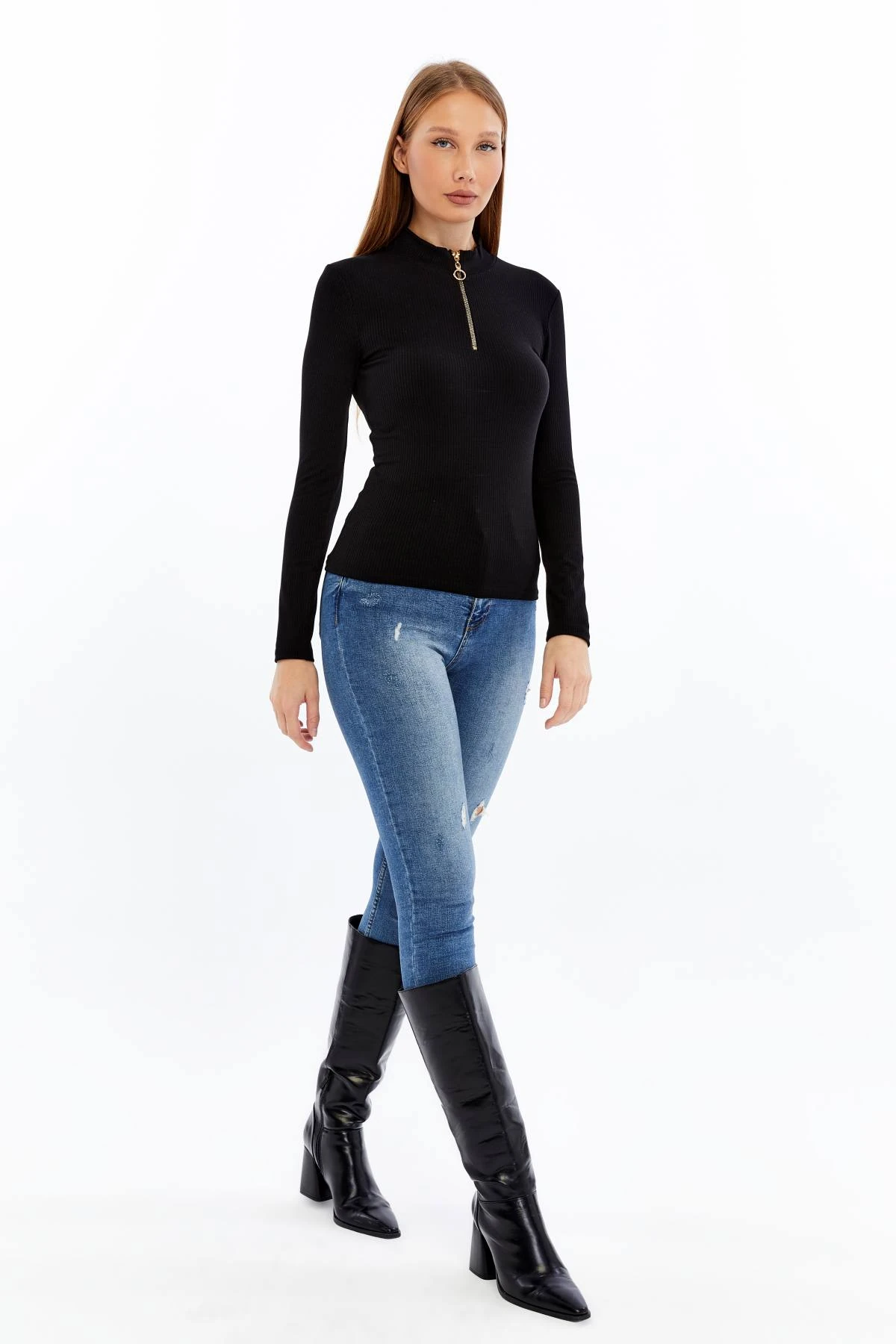 Kadın Uzun Kollu Yarım Fermuarlı Slim Fit Tshirt - siyah