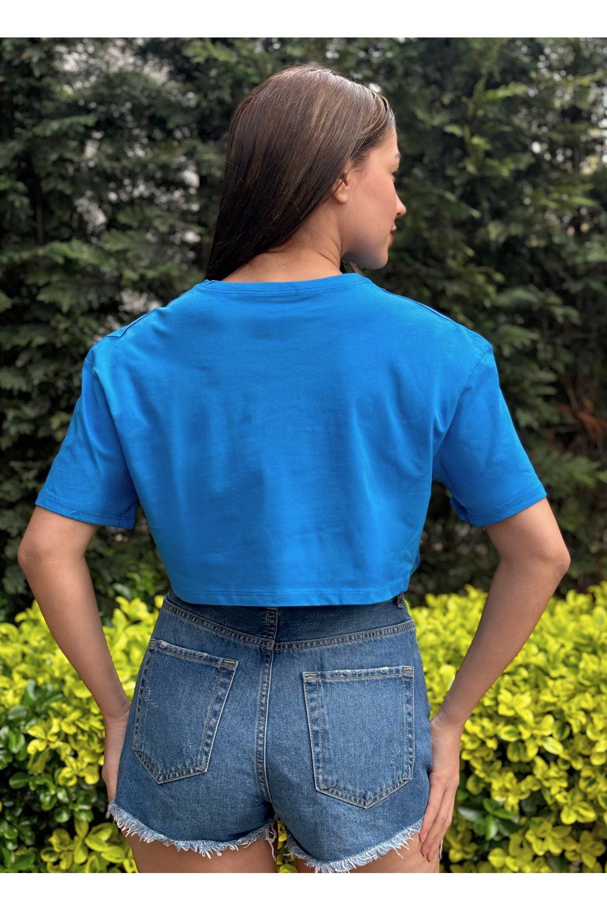Kadın Antrasit Bisiklet Yaka Baskılı Oversize Crop T-shirt - saks mavi
