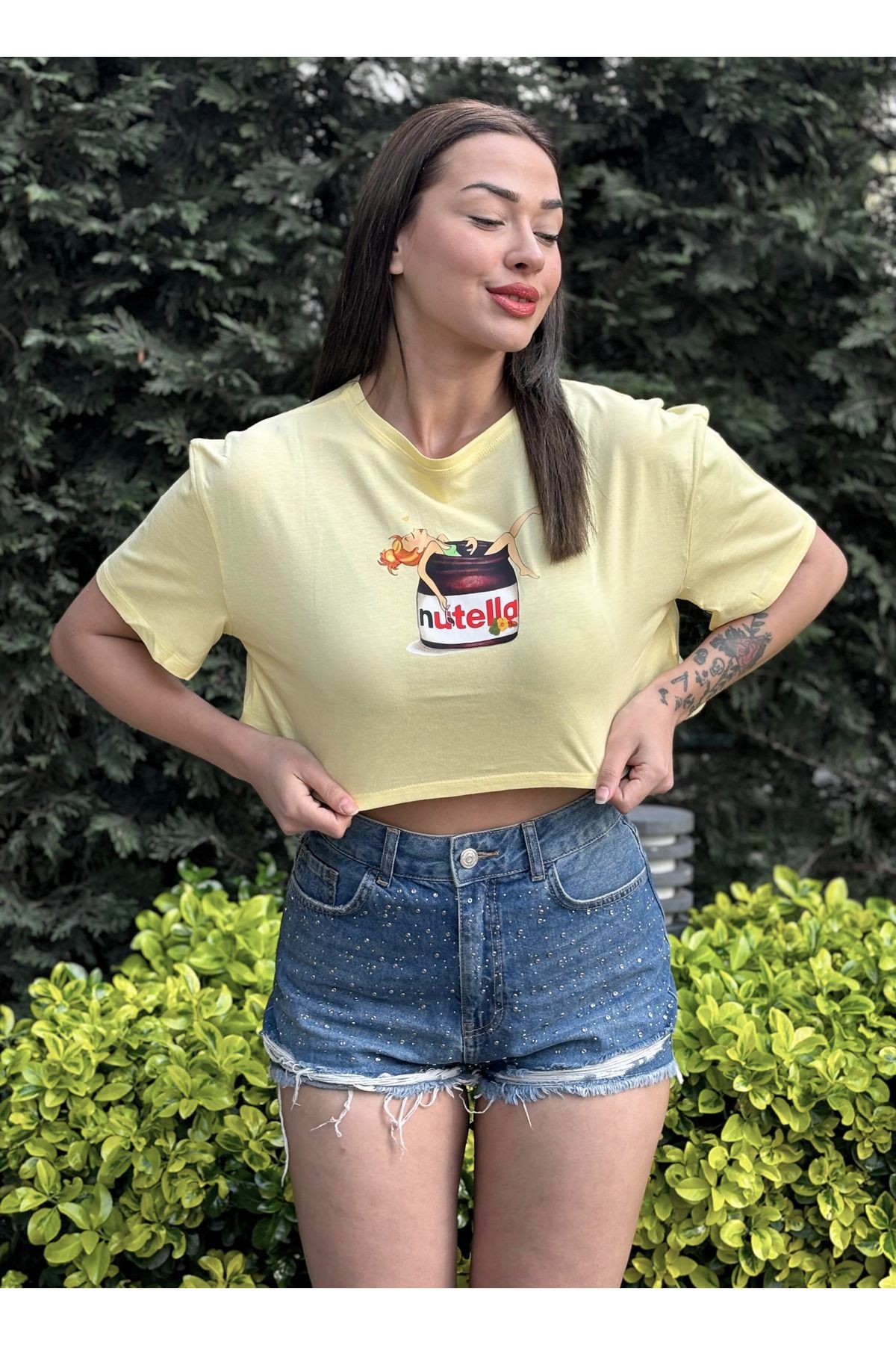 Kadın Lila Bisiklet Yaka Baskılı Oversize Crop T-shirt - Sarı