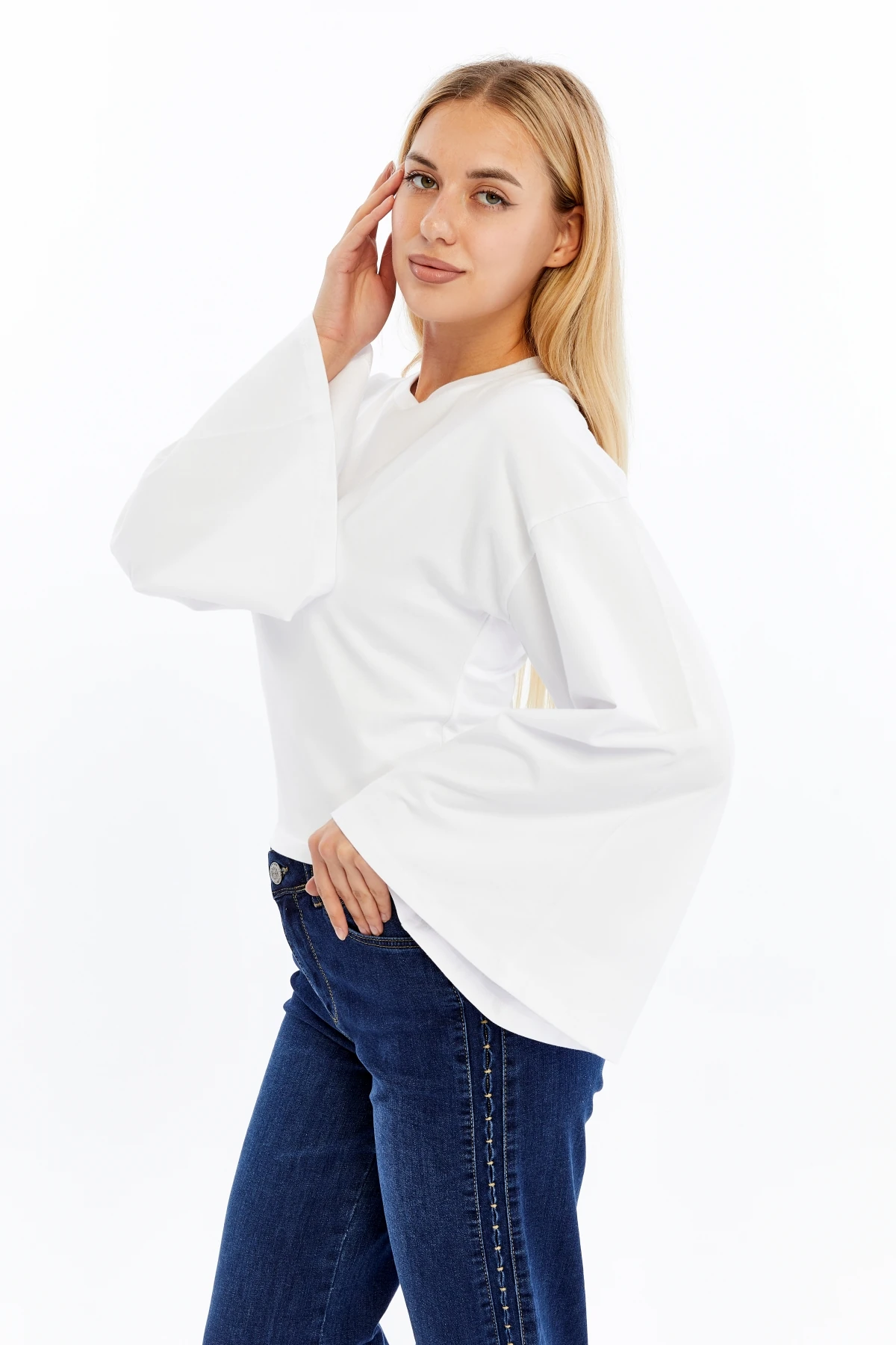 Kadın Uzun Kollu T-shirt Yuvarlak Yaka Fit Yarasa Kol Bluz