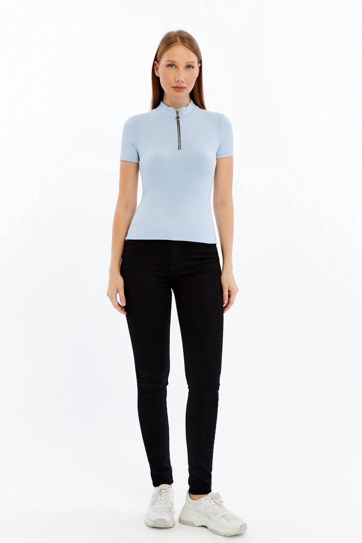 Kadın Kısa Kollu Yarım Fermuarlı Slim Fit Tshirt - mavi