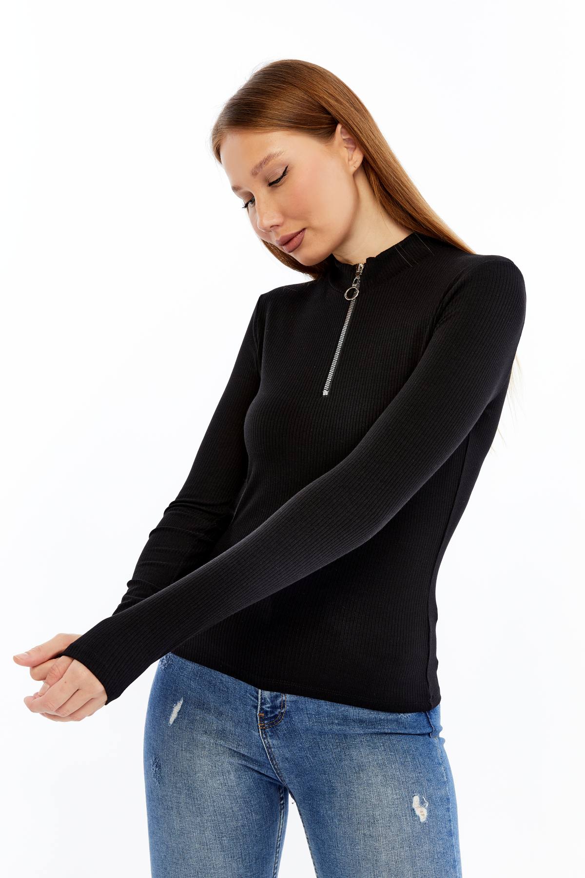Kadın Uzun Kollu Yarım Fermuarlı Slim Fit Tshirt - siyah1