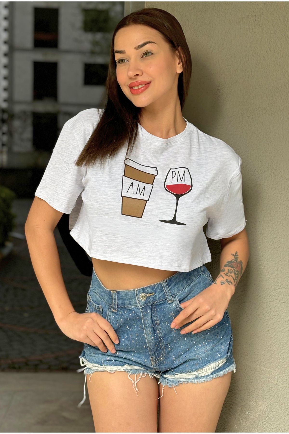 Kadın Gri Bisiklet Yaka Baskılı Oversize Crop T-shirt