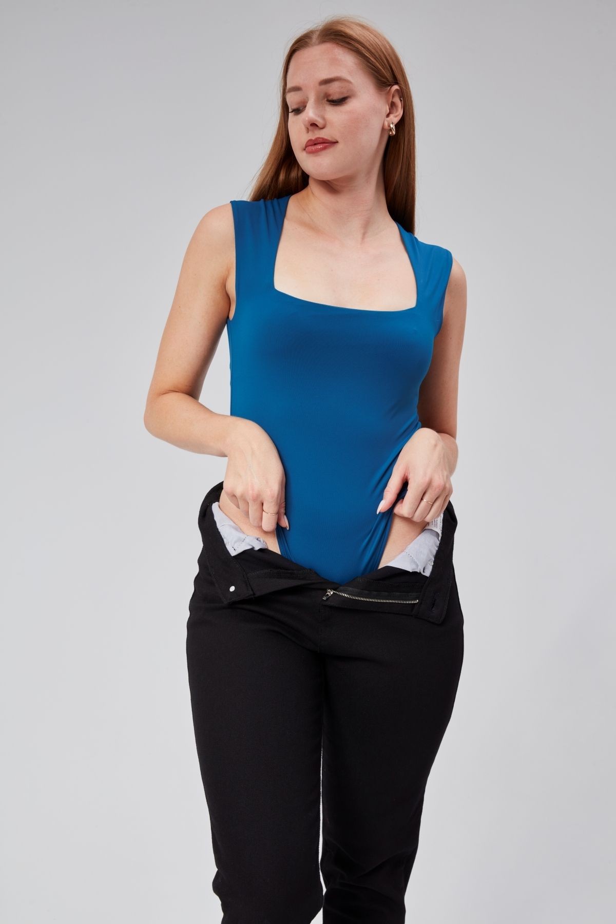 Astarlı Sıfır Kol Kare Yaka Dekolteli Çıtçıtlı Bodysuit - Petrol Mavi
