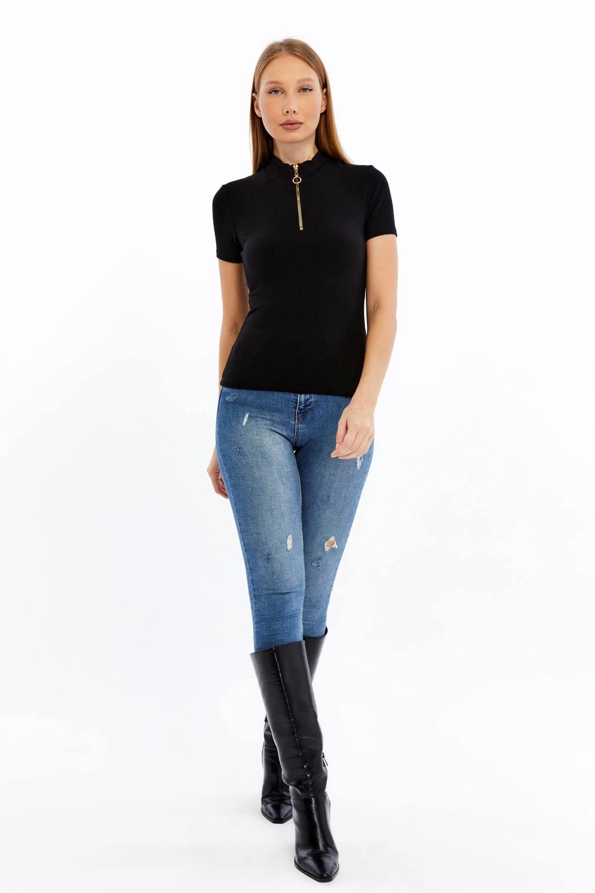 Kadın Kısa Kollu Yarım Fermuarlı Slim Fit Tshirt - siyah